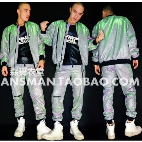 Male singer DJ nightclub Quan Zhilong GD same paragraph green purple gradient glitter bat sleeve hip hop baseball uniform costum