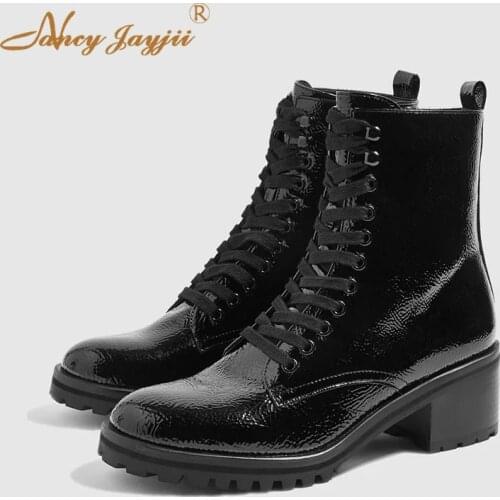 Motorcyle Boots Winter Women Shoes Ankle Adult Ladies Round Toe Lace-up Cross-tied Square Heels Fashion Dress Bigs Size 45 44