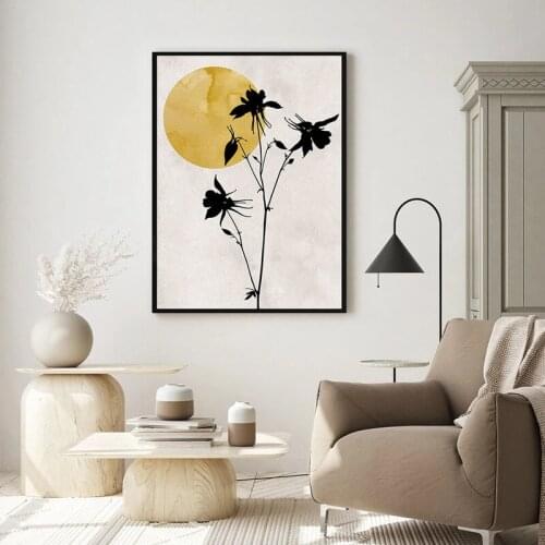 Golden Sun Abstract Plant Silhouette Canvas Painting Wall Art Nordic Posters and Prints Wall Pictures for Living Room Decoration