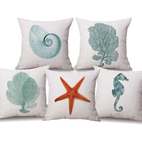 Red Coral Conch Starfish Cushion Covers Ocean World Sea Horse Linen Pillow Case Living Room Decoration