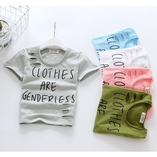 2019 new boy girls short sleeve T-shirt Slub cotton fashion All-match hole print kids clothes Cool refresh Children clothing