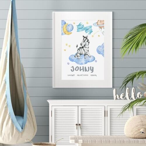 Personalized Baby Name Birth Date Zebra Cloud Nursery Wall Art Canvas Painting Poster Print Pictures Gift for Baby Room Decor