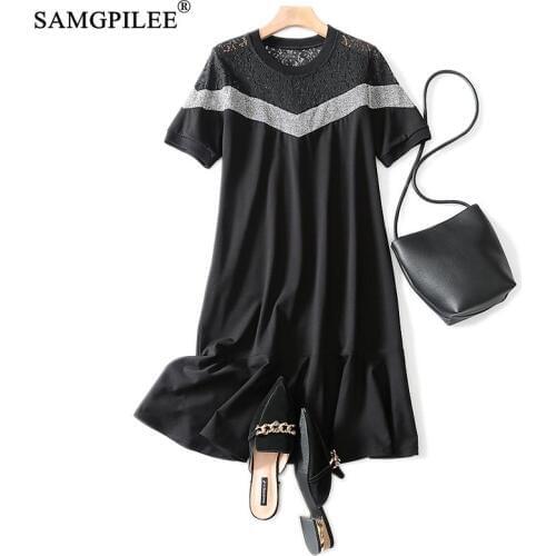 Summer Clothes For Women 2020 Vestido Casual Dress A-line Patchwork Short Sleeve Lace Knee-length O-neck Dress Women Vadim 4XL