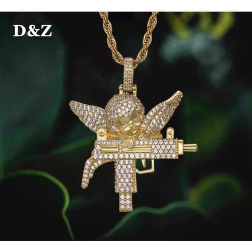 D&Z Guardian Angel Pendant In White Gold Solid Back Mens Micro Paved AAA CZ Hip Hop Gold Silver Color Charm Chains Jewelry Gift
