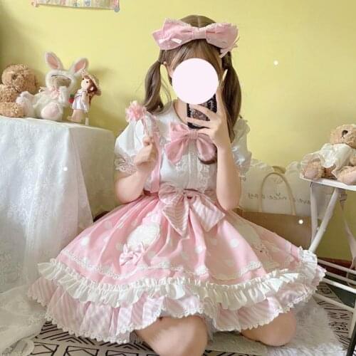 Daily Sweet Lolita Polka Dot Boba Toffee SK Skirt + Shirt Suit dress Tea Party Princess College style Kawaii Dress