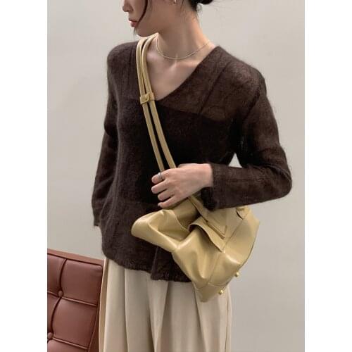 See Through Mohair Sweater Women Light Weight Wool Blended Knit Pullover Brown