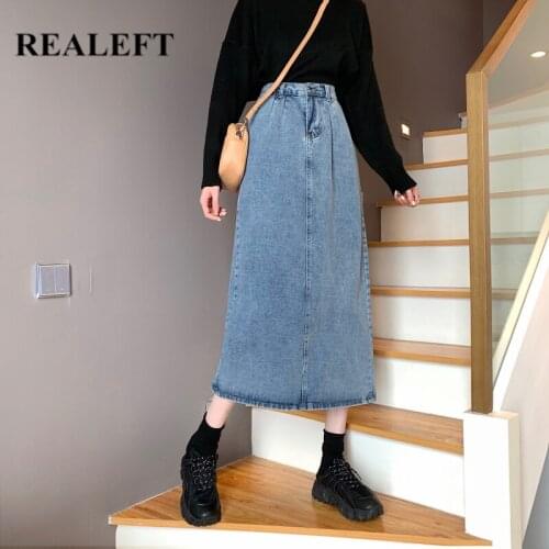 REALEFT Spring Summer 2021 New Womens Denim Straight Long Skirts Vintage Elastic Waist Back Split Jeans Skirts Female Pockets