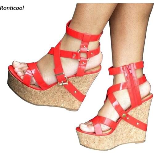 Ronticool Handmade Women Gladiator Sandals Ankle Strap Wedges High Heel Open Toe Gorgeous 8 Colors Casual Shoes Size 45 46 47 52