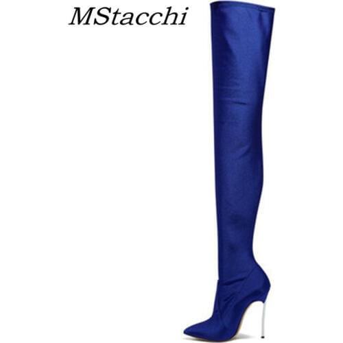 MStacchi Women Sexy Over The Knee Boots Woman Pointed Toe Thin Heels Elastic Fabric Botas Mujer Autumn Winter Party Long Boots