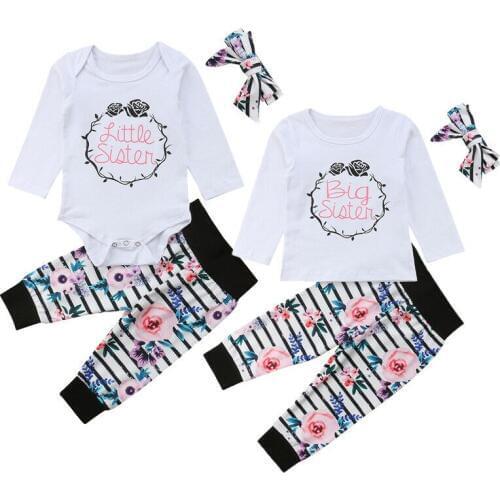 Sister Matching Kid Baby Girls Romper Long Sleeve T-shirt Tops Pants Headwear 3cs Outfits Baby Kids Casual Clothes Sets