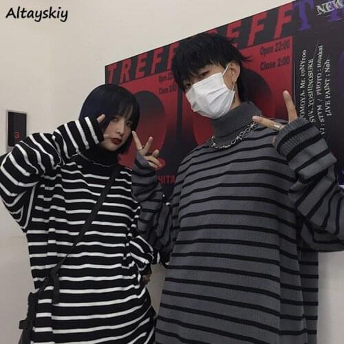 Turtleneck Sweater Striped Hip Hop College Leisure Female Korean Style Harajuku Popular Trendy Loose Simple Couple All Match New