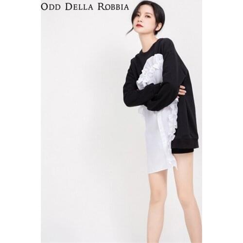 OddDellaRobbia 2021 Women Autumn Design Contrast Stitching Long-Sleeved Round Neck Sweater With Wood Ears Lazy Wind Sweater 1162
