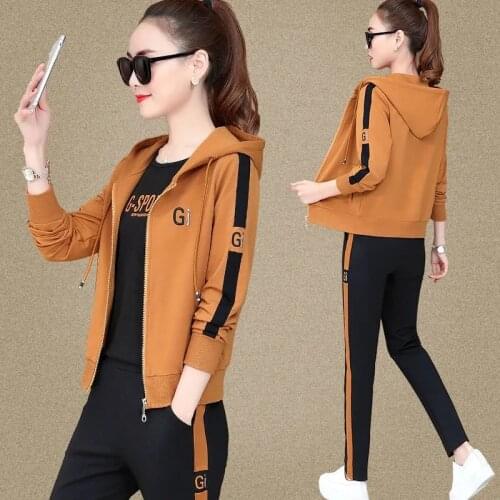 2021 Spring Autumn Casual Tracksuit 3 Piece Sets Women Fashion Hooded Zip Jacket + T-Shirt + Pant Suit Sports Joggers Sweatsuit