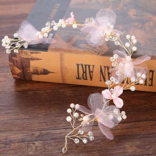 Pink Wreath Girl Head Flower Crown Golden Wire Bridal Hair Accessories Wedding Bridesmaid Women Pearl Hairband