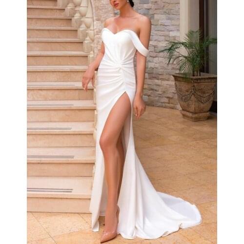 Sexy Long White Mermaid Off Shoulder Wedding Dresses Custom Sweep Train Lace Up Back Satin V-Neck Slit Bridal Gowns for Women