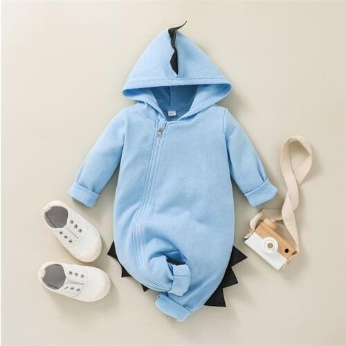 ZAFILLE 100% Cotton Newborn Baby Clothes Solid Hooded Zipper Jumpsuit Rompers Toddler Newborn Boy Girl Cartoon Dinosaur Costume