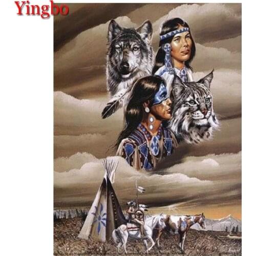 Indian Woman And Wolf Diamond Embroidery Full Set Diamond Mosaic Picture Of Rhinestones Diamond Painting Beads Home Decor