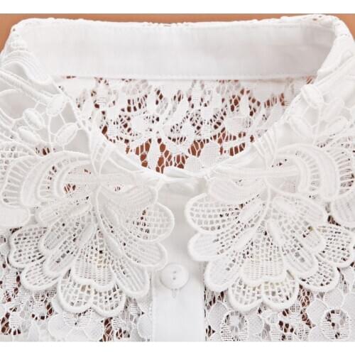 Women Women Blouse Sweater Round Neck Fake False Collar Detachable Sheer Embroidered Floral Lace Solid Half Shirt Tie Button