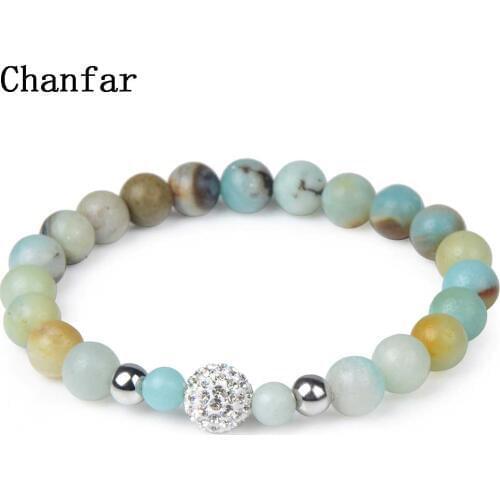 Chanfar 8mm Amazonite Bracelet with Crystal ball Spacer Women and Men Stretch Bracelet Jewelry