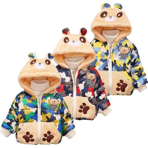 Children Jacket Winter Baby Boys Girls Parka Cartoon Print Bear Ear Hooded Outerwear Coat Toddler Kids Boy Clothes 1-5Y