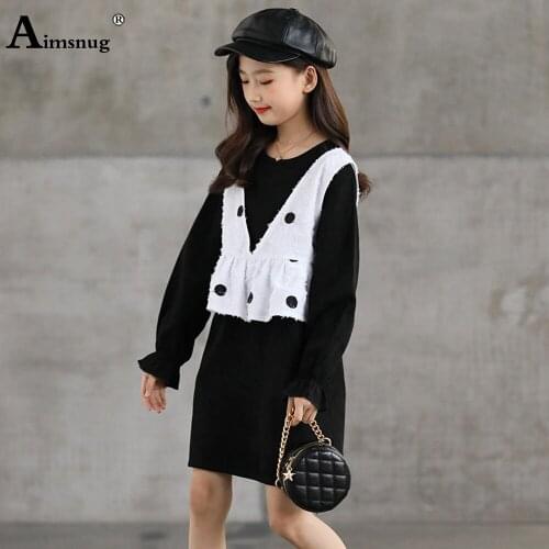 Children Two Pieces Set Girls Crop Tops and Knee-Length Dress Teen Streetwear Kids Clothing 2021 Autuimn Fashion 2PS Outfits