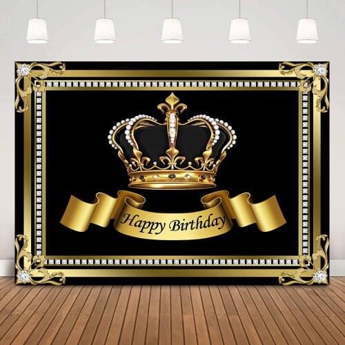 Royal Boy Happy Birthday Backdrop Black Crown Glitter Diamonds Decorations Baby Prince Birthday Cake Table Background Photoshoot