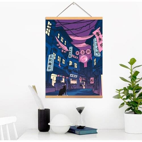Canvas Home Decoration Japan Anime Street Poster Print Pictures Wall Art Wooden Scroll Hanging Painting Cat Bedside Background