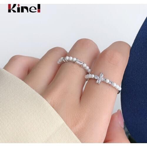 Kinel 925 Sterling Silver Pearl Ring Adjustable INS Cross Pearl Zircon Finger Ring Korea Jewelry Woman Gift 2020 New