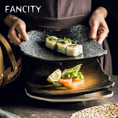 FANCITY Creative Japanese Style Ceramic Tableware Black Retro Sushi Plate Japanese Cuisine Plate Irregular Fear of Plate Dim
