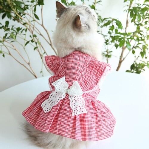 Lace dress dog Clothes skirt plaid dogs Clothing pet Outfits cute spring summer cotton Yorkies Print pink girl ropa para perro