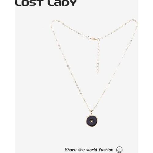 Lost Lady Simple Stars Moon Necklace for women Round Enamel Pendant Gold Color Coin Statement Chain Necklace Gift Accessories