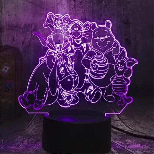 Cartoon 3D Night Lights Disney Winnie Piglet Eeyore Pooh Bear Decor Home Lighting Christmas Lamp for Kids Roo Led Colorful Set
