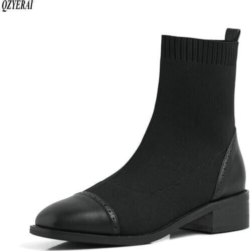QZYERAI New style Genuine leather Womens boots Knitting wool Autumn and winter socks Female boots cowhide Womens shoes