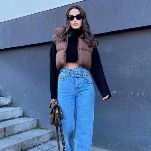 New Pop Women Gilet Jacket Sleeveless High Collar Vogue Casual Streetwear Woman Waistcoat Tops veste femme