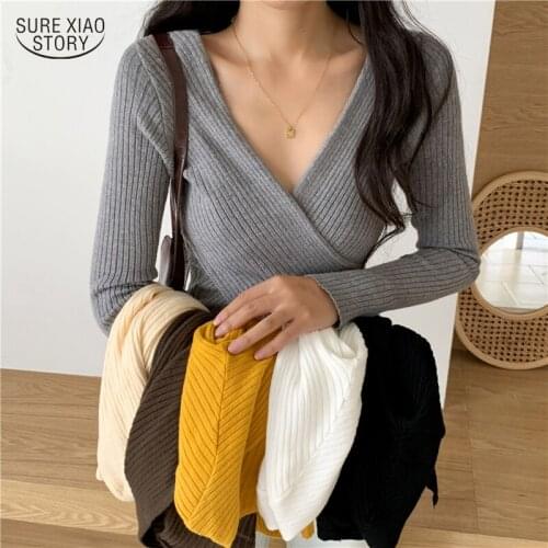 Slim Elegant Rainbow Warm Sweater Korean Chic Cross V-neck Long Sleeve Sweaters Solid Casual Vintage Gentle Retro Pullover 16943