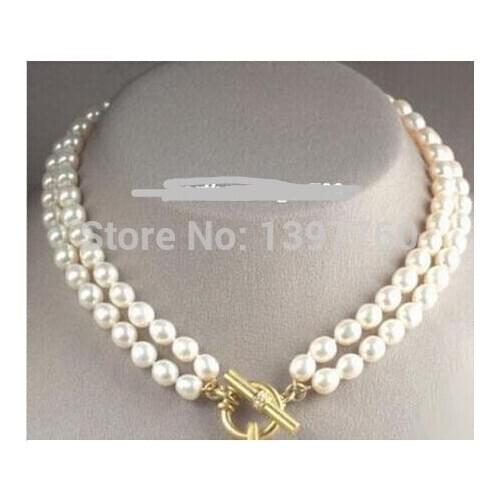 Elephant 2 Rows 8mm White Shell Pearl 18KGP Clasp Necklace