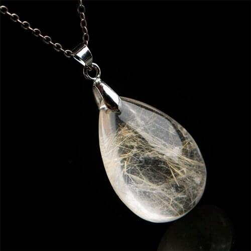 Genuine Natural Titanium Rutilated Quartz Crystal Waterdrop Bead Charm Necklace Pendant AAA