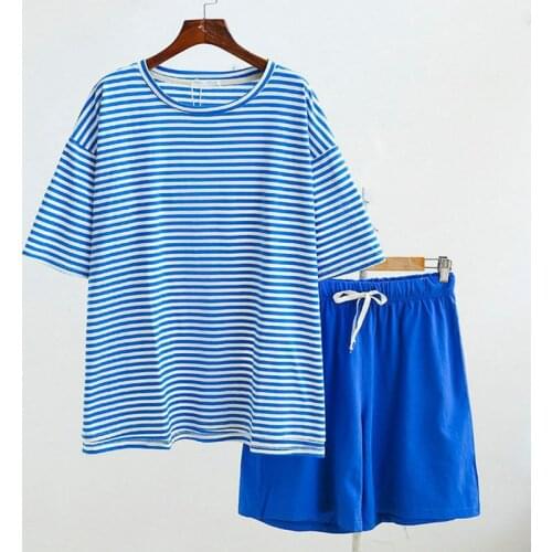 Casual Striped Pajamas Women Short Sleeve Cotton Home Clothes Loose Knit Shirt + Pant Two Pieces Set Sleepwear Female Pyjamas