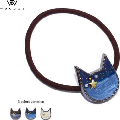 2017 Fashion Jewelry New Brand Elastic Black Rope Cute Enamel Pins Metal Crystal Star Cat Hair Rope Girls Women Hair Accessories