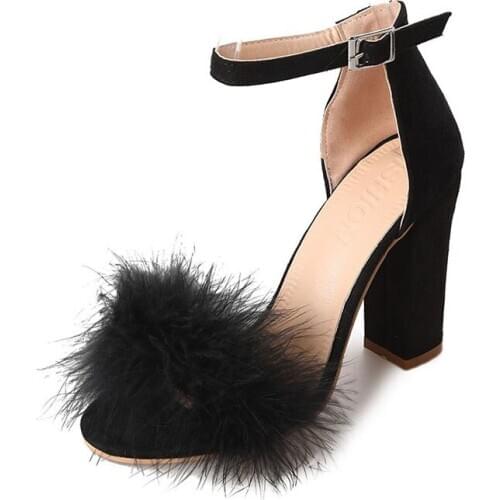 Large Size Women Sandals Female Summer Thick Waterproof Platform Open Toe Ostrich Fur Single Shoes High Heel Womens Shoes