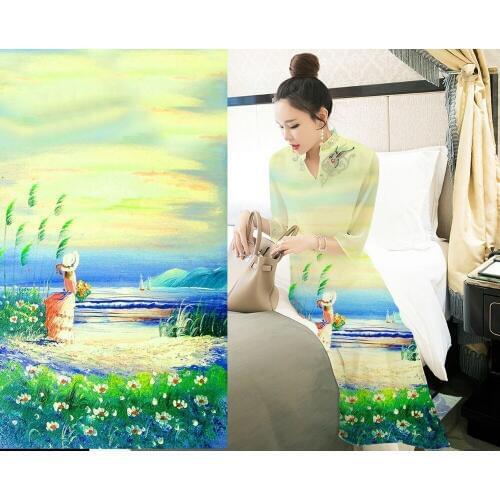 Quality Super Woven Satin Pure Silk Fabric Sunset beauty Prints Textile Material Sewing Blouse patchwork Dress tissu telas