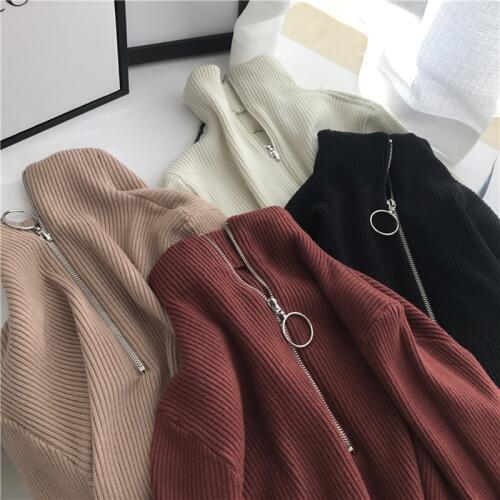 Korean Fashion Sweater and Pullover Womens Clothes Autumn Winter Zipper Turtleneck Long Sleeve High Elastic Solid Knit Sweater