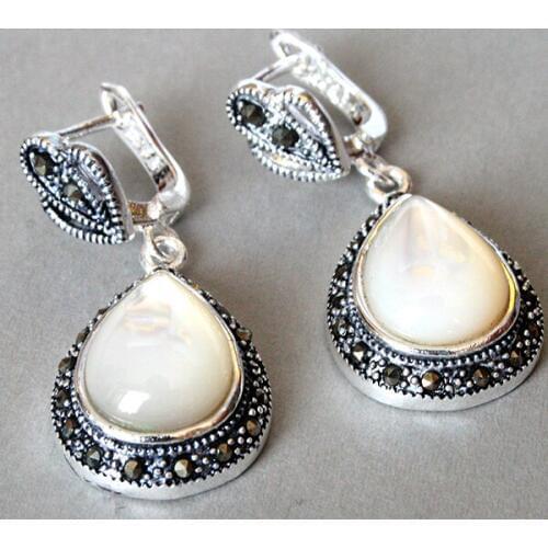 Unique ladys 925 Silver Natural White Sea Shell Marcasite Waterdrop Earrings 11/2"