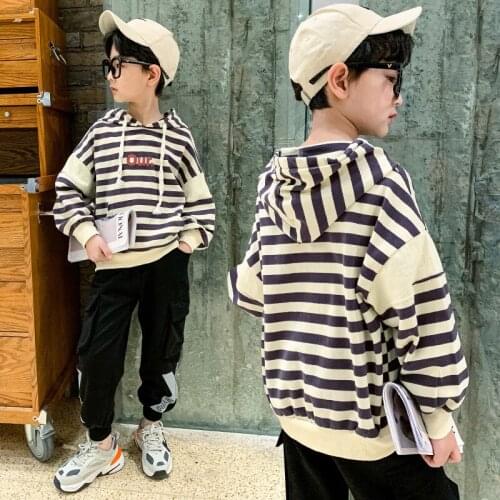 Stripe Hooded Spring Autumn Boys Sweatshirts Jacket Coat Kids Outwear Teenager Tops Children Clothes Cotton High Quality