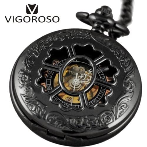 VIGOROSO Black Alloy Flower Case Mechanical Pocket Watch Hand-winding Skeleton Vintage Watches Men Women Gifts With FOB Chain