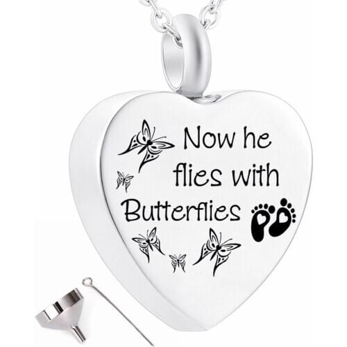 Cremation Jewelry Butterfly Urn Pendant Keepsake Memorial Necklace-Now he flies with Butterflies