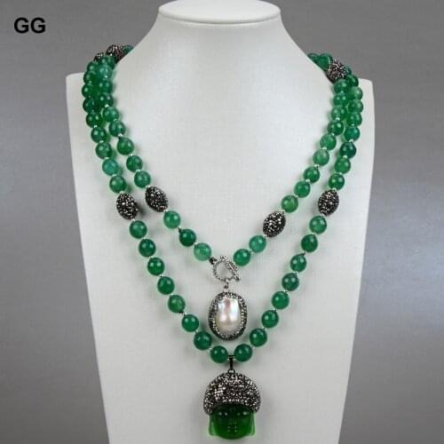 GG Jewelry 2Rows Green Agates Necklace Keshi Pearl Green Quartzs Buddha Head Pendant Necklace 20" Religious Style For Women