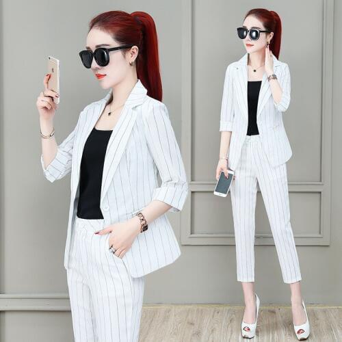 Womens suit 2019 summer new Slim fashion striped suit jacket pencil nine pants temperament womens two-piece suit