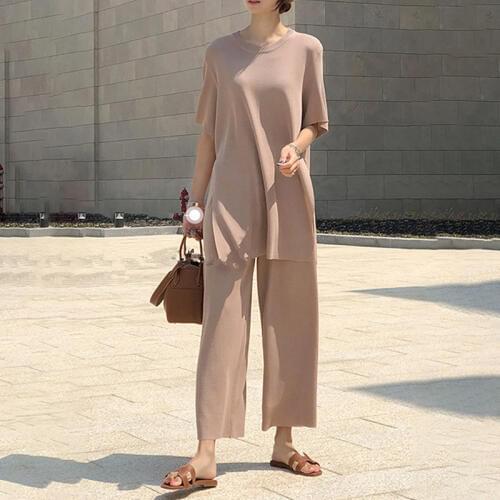 Ice Silk Knitted Two Piece Set Women Casual Long Pullovers Tops and Wide-Leg Pants Suits Split Korean Loose Matching Set B041