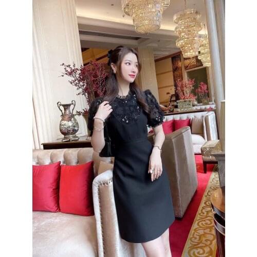 New 2021 Women Summer Fashion Runway Mini Dress Short Sleeve Sequined Mesh Ladies Slim A-Line Dresses